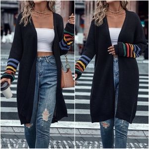 Cozy Striped Sleeve Open Front Long Cardigan